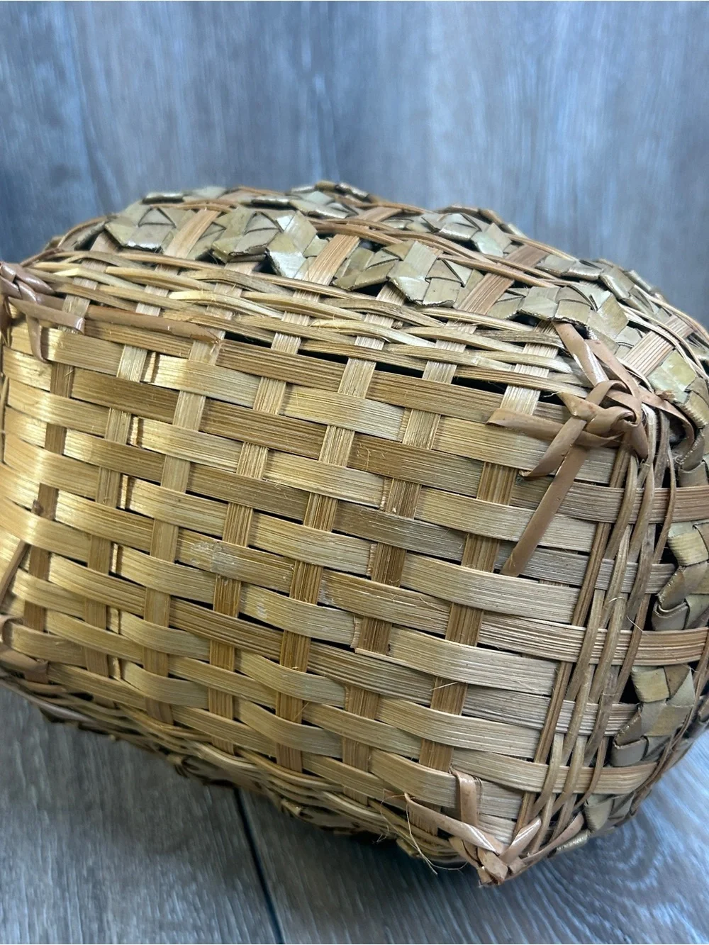 Vintage Straw Basket Handbag Wood Handle Drawstring Floral Lined Boho Beach Tote